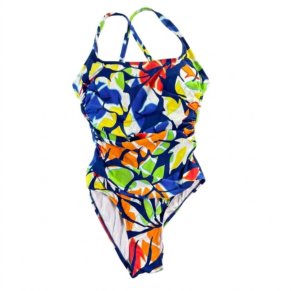 Nautica Tropical Floral One Piece Swimsuit Ruched Tummy Control Medium